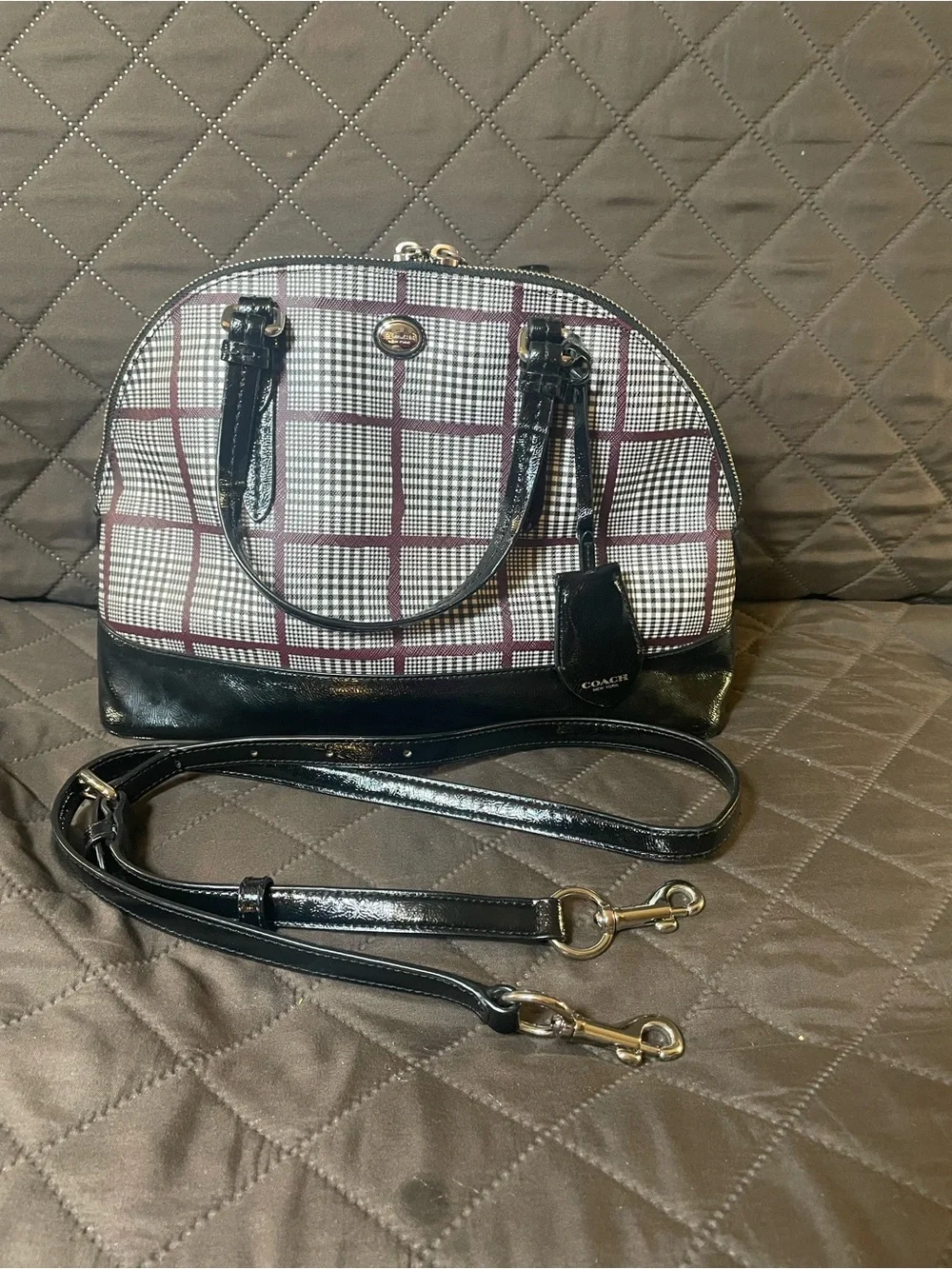 Coach Black Patent Leather Cora Glen Plaid Dome Satchel with Burgundy Accents